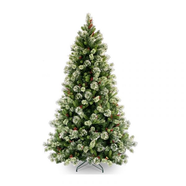 National Tree 7.5ft Wintry Pine Medium Artificial tree with Snowy tips Pine Cones & Red berries