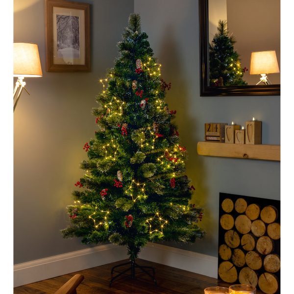 1.5M Snow Tipped Led Fibre Optic Star Tree with Berries and Cones - Image 2