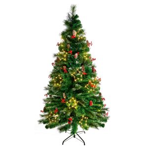 1.8M Snow Tipped Led Fibre Optic Star Tree with Berries and Pinecones