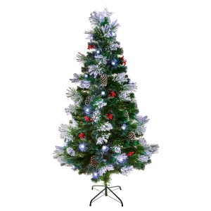 1.5M Snow Tipped Tree With Warm White LEDs Pinecones and Berries