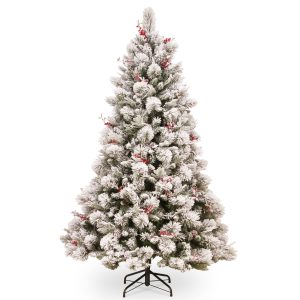 Snowy Bedford Pine 7.5ft Hinged Tree with Red Berries, Cedar Leaves and Mixed Cones