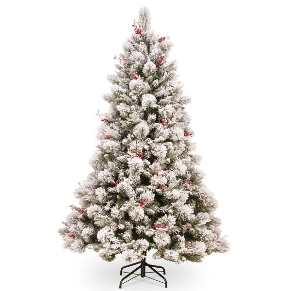 Snowy Bedford Pine 7.5ft Hinged Tree with Red Berries, Cedar Leaves and Mixed Cones