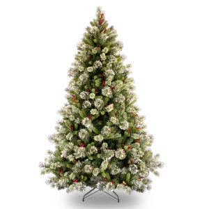 Wintry Pine 7.5ft Hinged Tree with Pinecones, Red Berries and Snow tipped branches